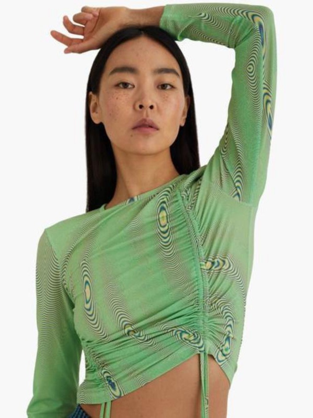 Paloma Wool Green Ruched Wave-Print Long Sleeve Top